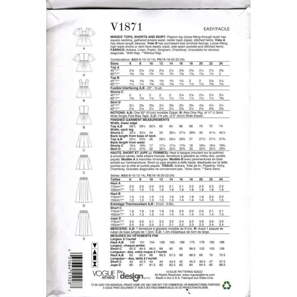 Vogue V1871 Misses 6 to 14 Top, Shorts and Skirt Uncut Sewing Pattern - Picture 2 of 2